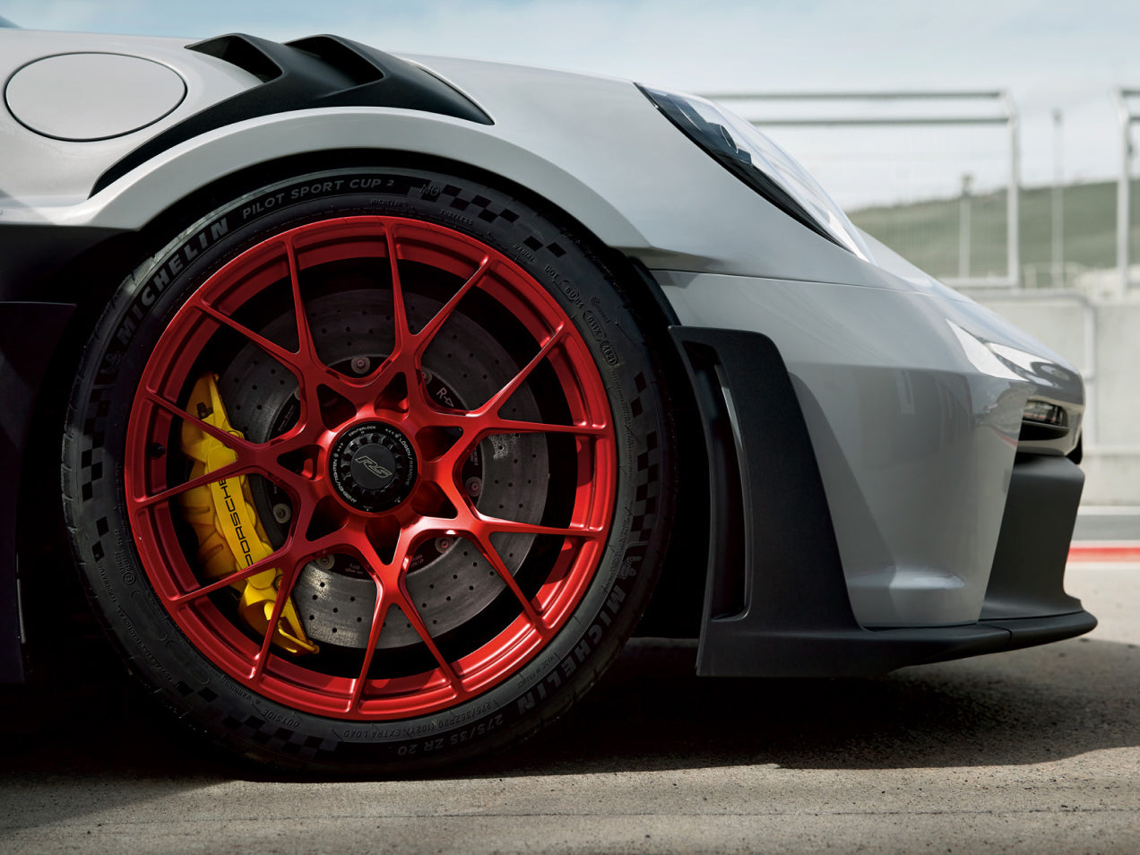 Close-up of a GT3RS wheel and brake assembly